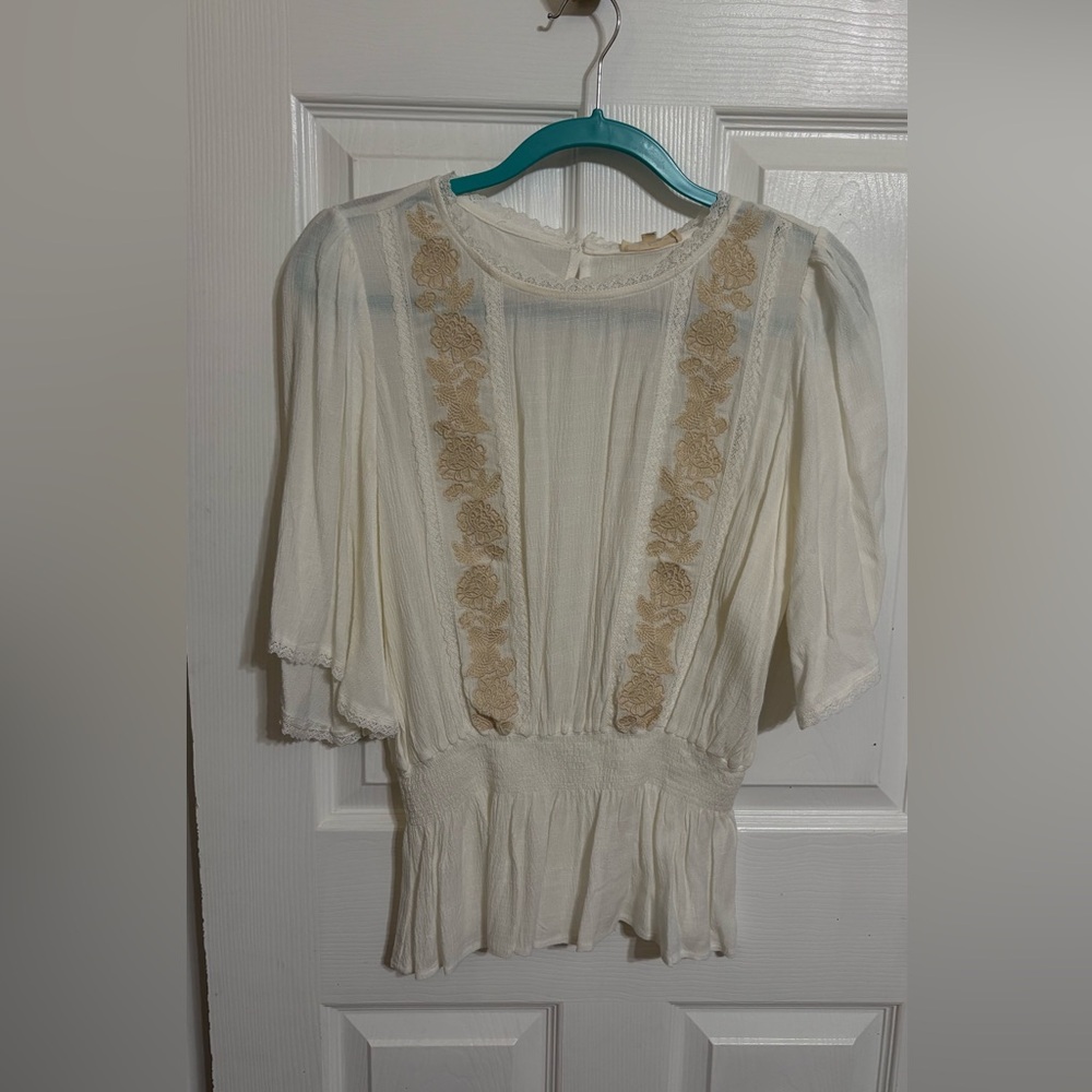 In-Loom Cream Blouse with Tan Floral Details | NWT